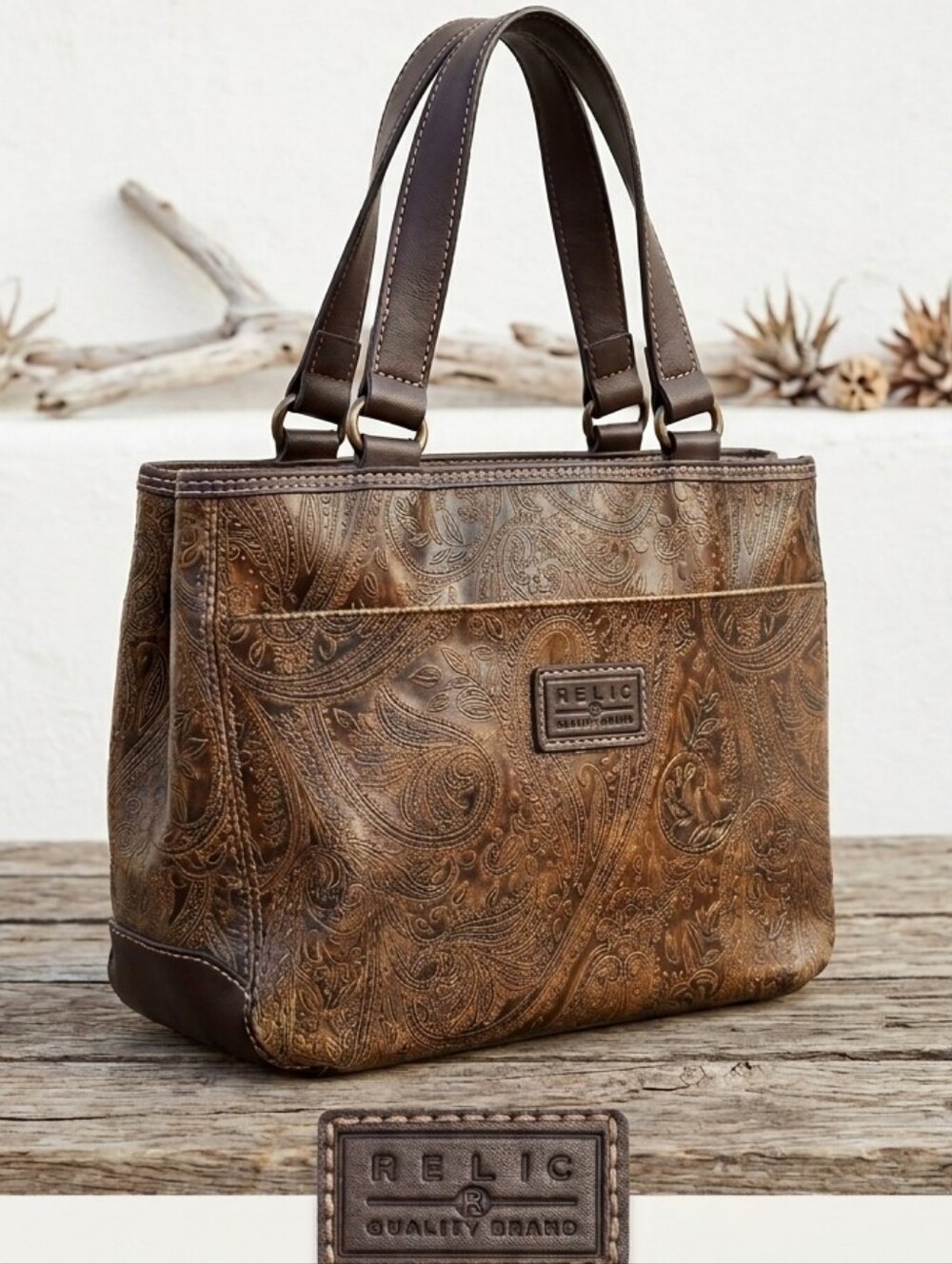 [[Relic]] Paisley Tooled Brown Leather Handbag